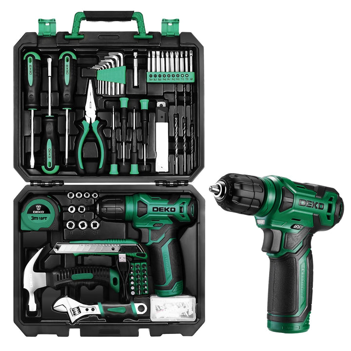DEKO 126 Stück Elektrowerkzeug Combo Kits mit 8V Akku Bohrer, 10MM 3/8'' Keyless Chuck, Professionel