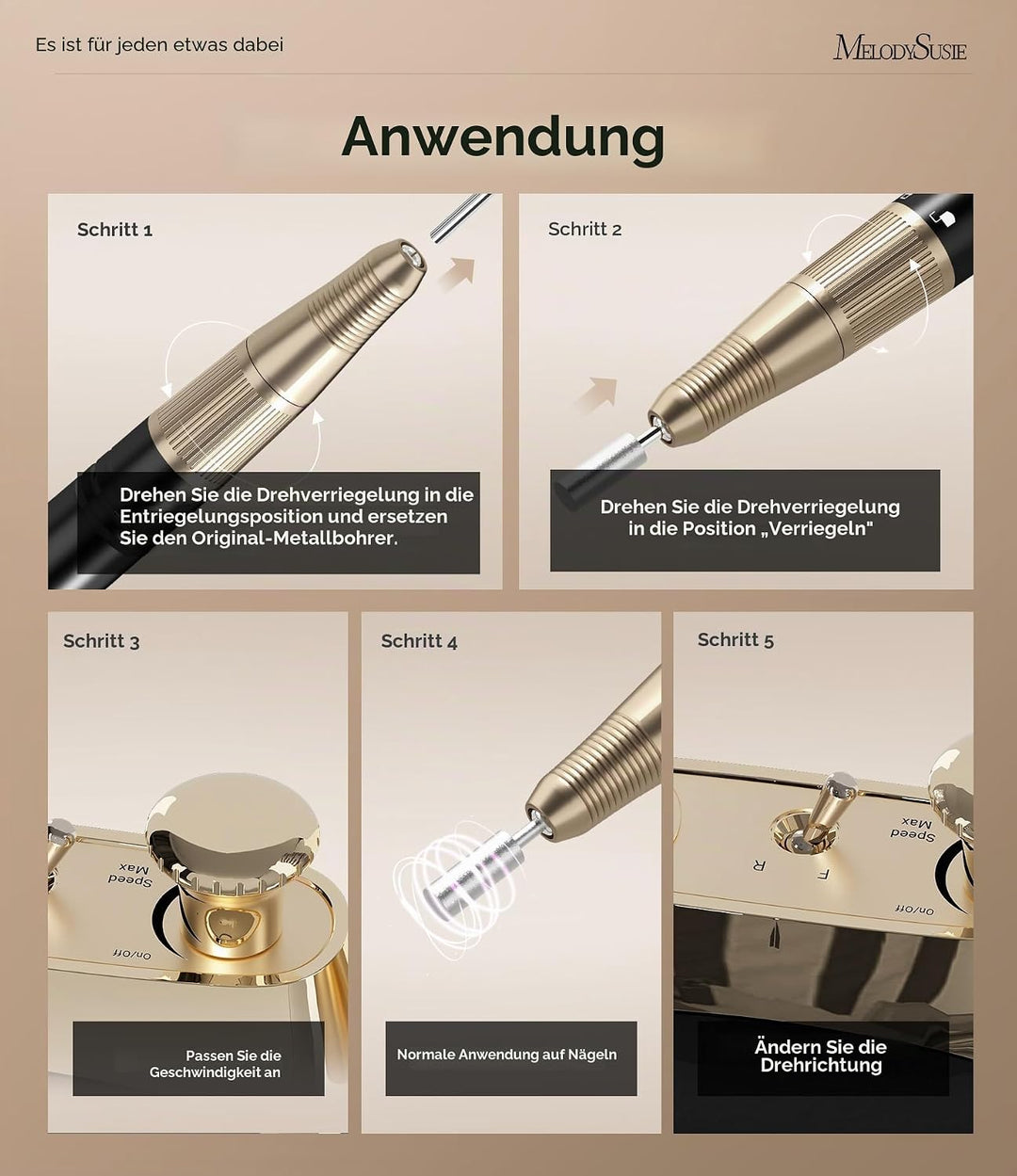 MelodySusie Professioneller elektrischer Nagelbohrer, wiederaufladbare Nagelfeilen für Acrylnägel, k