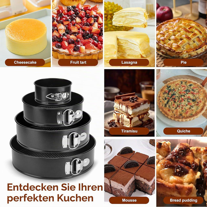 isheTao Springform, Set mit 4 Stück, 12/18/22/26 cm, Profi-Kuchenform, rund, und Backutensilien, abn