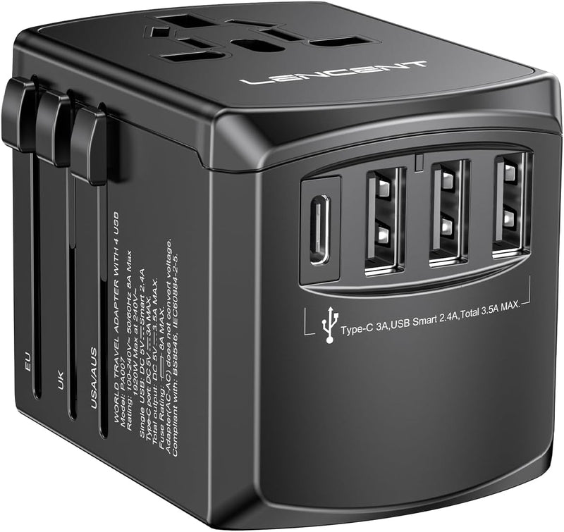 LENCENT Reiseadapter Reisestecker Weltweit mit 3 USB- und 1 Typ-C Anschlüsse und AC Steckdosenadapte