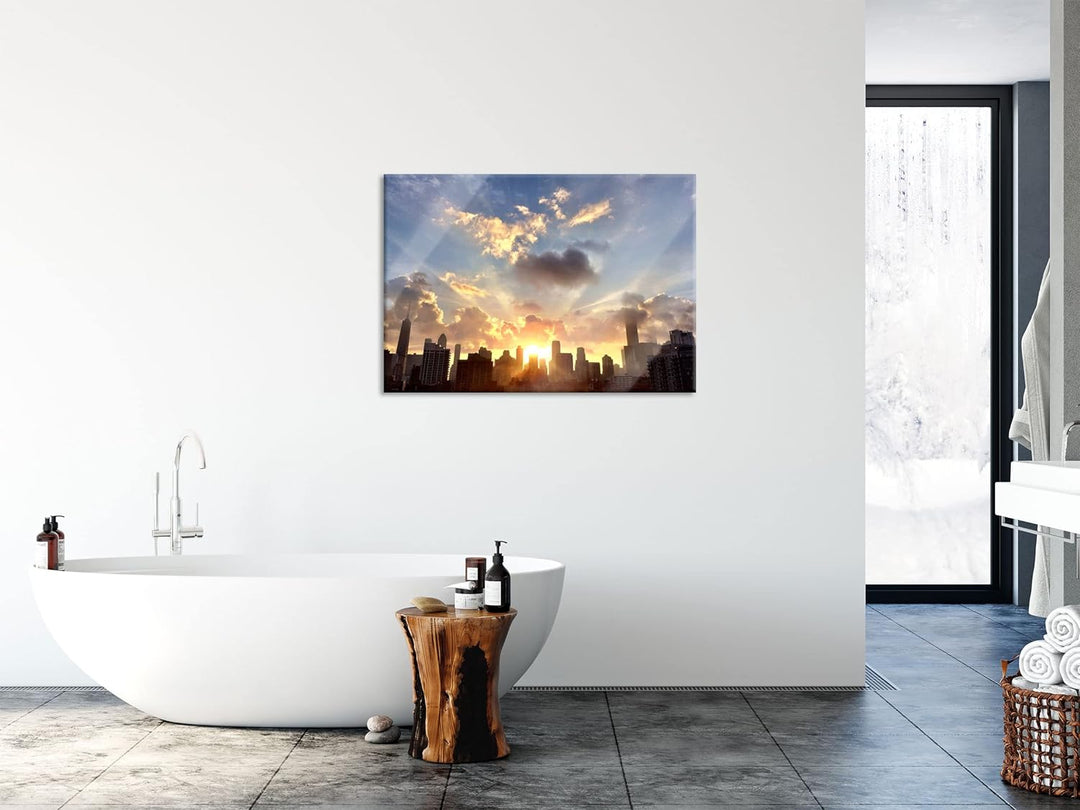 Pixxprint Glasbild | Wandbild aus Echtglas | Chicago Skyline im Sonnenaufgang | 60x40 cm | inkl. Auf
