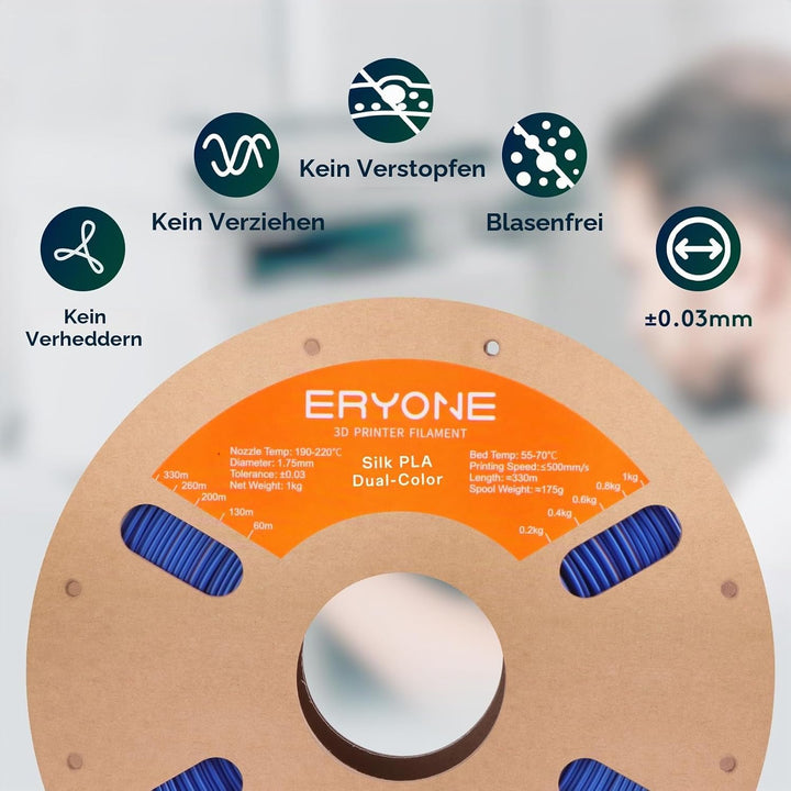 ERYONE Dual Seiden PLA Filament 1.75mm,Co-Extrucsion PLA Seiden Filament für 3D Drucker +/- 0,03 mm,