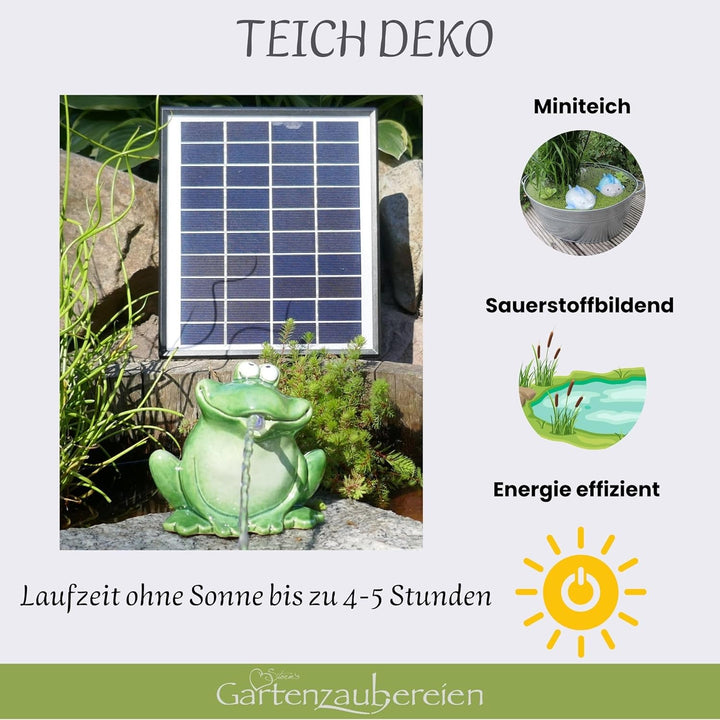 Storm's Gartenzaubereien Wasserspeier Frosch mit Akku Solarpumpe 12cm aus Keramik Laufzeit ohne Sonn