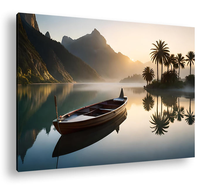 deyoli Palme mit Boot am Strand Format: 80x60 cm als Leinwandbild, Motiv fertig gerahmt auf Echtholz