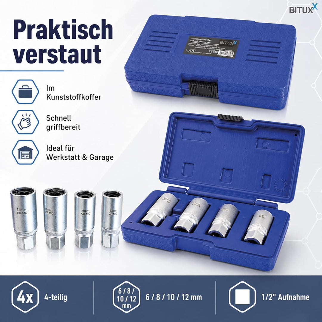 Bituxx 4 tlg. Stehbolzenausdreher Ausdreh Satz 1/2" Set 6-12mm