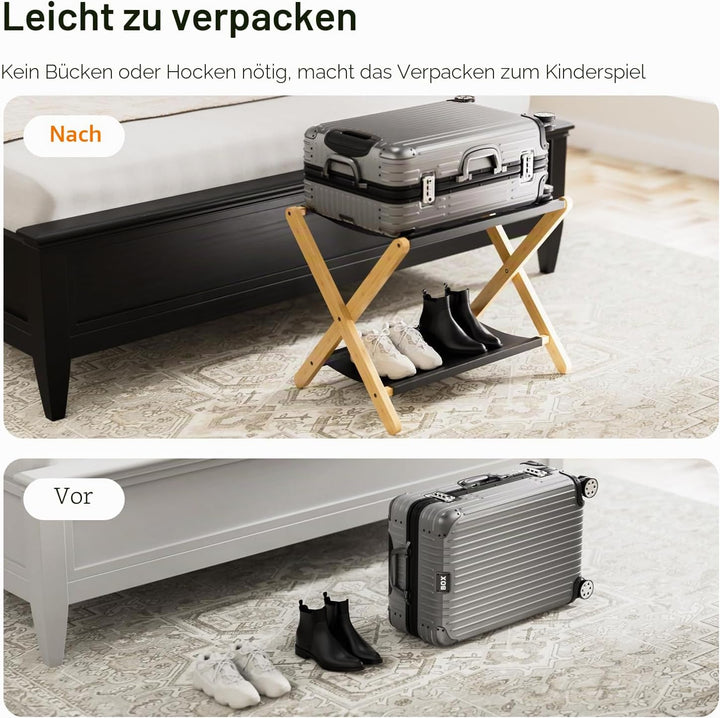 HITNET Gepäckablage 2er set, faltbarer Kofferständer für Gästezimmer, Bambus-Gepäckträger mit Stoffa