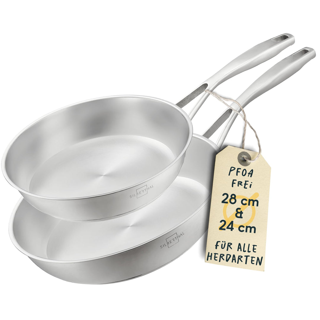 SILBERTHAL Pfannen Set 2 teilig - Edelstahlpfanne Unbeschichtet & Beschichtet - 24 cm und 28 cm - In