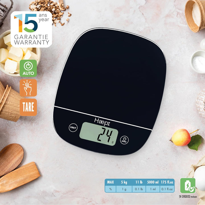 Haepi, Hochpräzise elektronische Küchenwaage 5000g/1g, Tara-/Flüssigkeitsfunktion, modernes Design,
