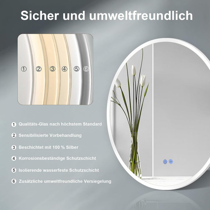 Badspiegel mit Beleuchtung Rund 80cm, Spiegel Runder mit Licht und mit Antibeschlag, Badezimmerspieg