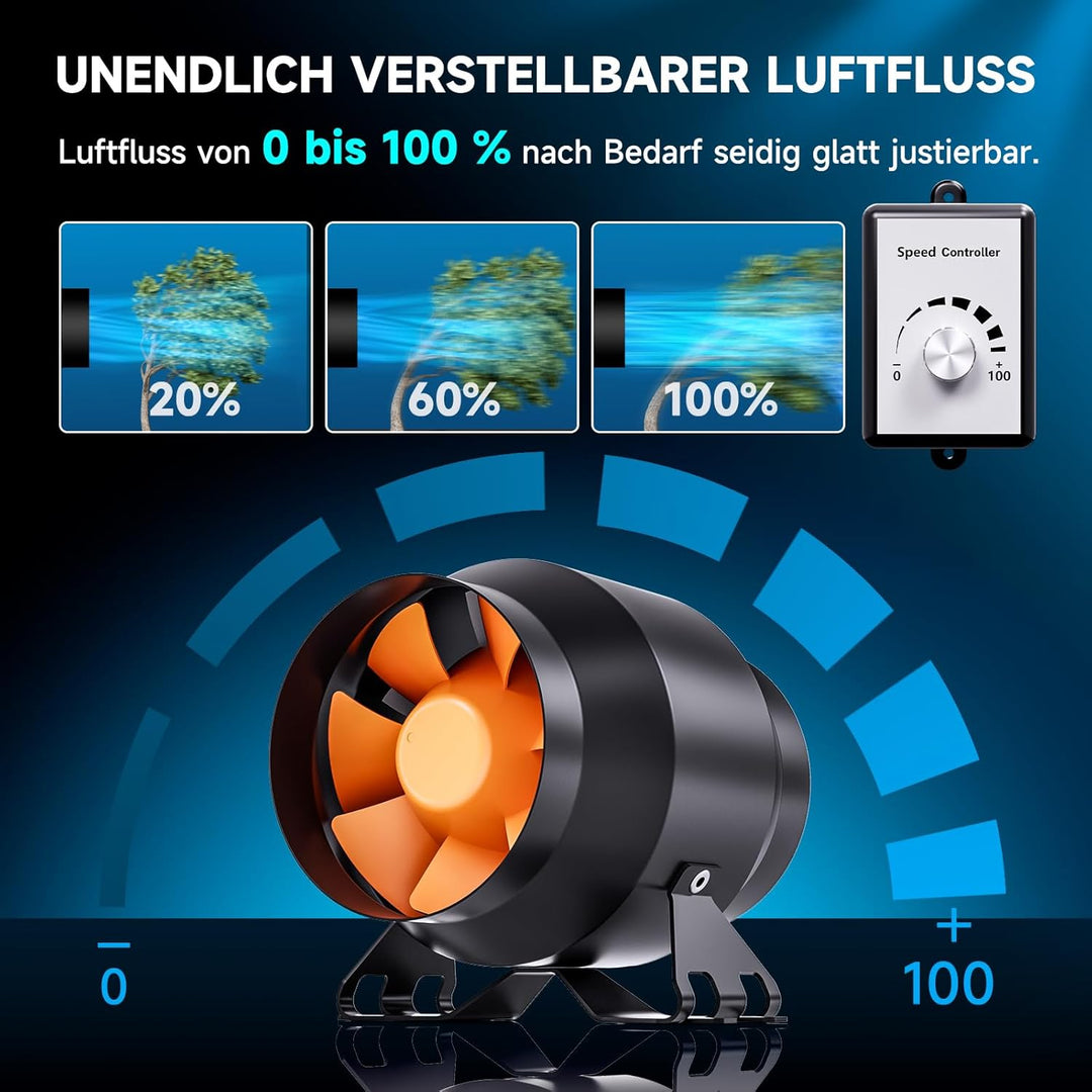 Hon&Guan Abluftset 100mm, Rohrventilator 100mm mit Drehzahlregler, Aktivkohlefilter Grow, Gummikuppl