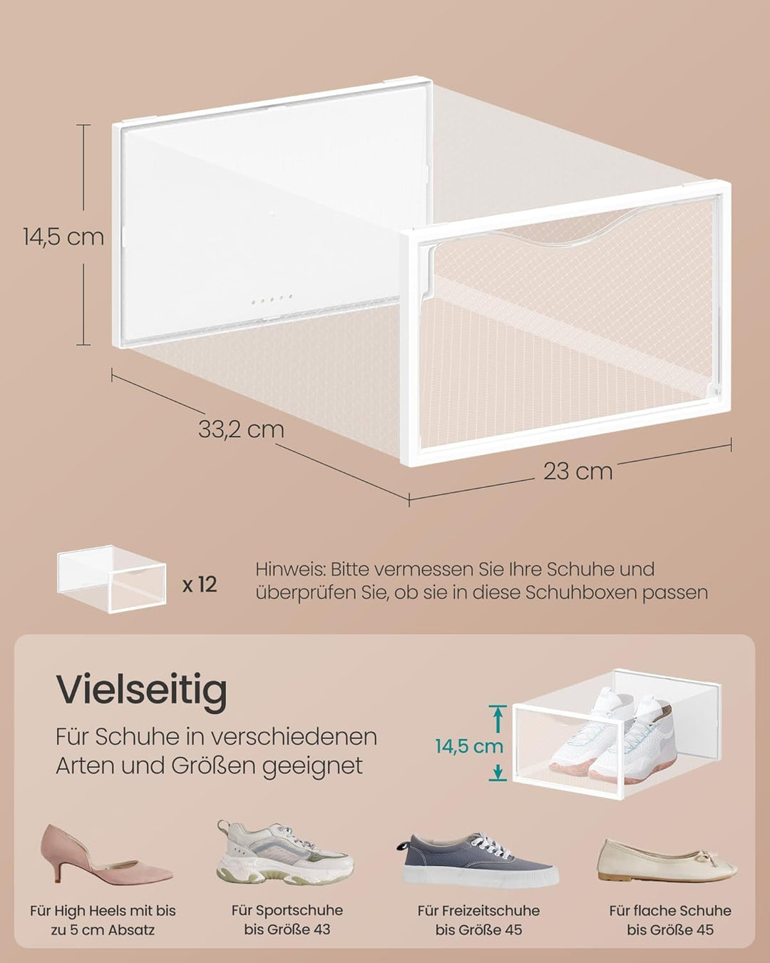 SONGMICS Schuhboxen, Schuh-Organizer aus Kunststoff, mit Tür, durchsichtig, 12er Set, stapelbar, ein