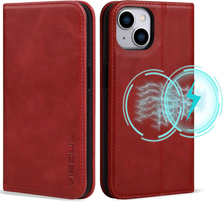 VISOUL Hülle für iPhone 15, Schutzhülle [Echt Leder] [Schützt vor Stoss] [Kartenfach] [Magnetverschl