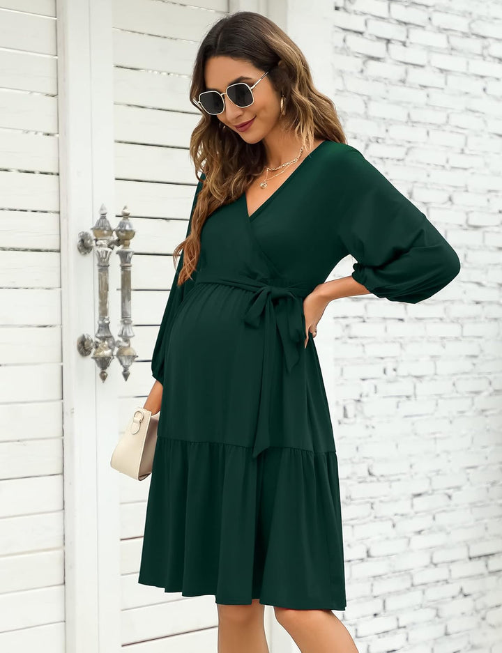 KOJOOIN Damen Umstandskleid V-Ausschnitt 3/4 Ärmel Stillkleid Rüschen Schwangerschafts Kleider mit G