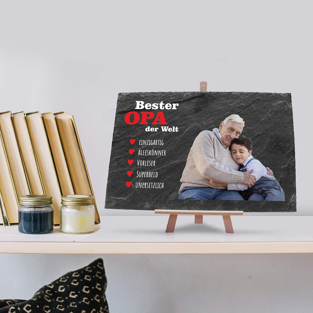 wandmotiv24 Schiefertafel Bester Opa mit Holz-Staffelei, Personalisiert mit Farb-Foto, Digitaldruck,
