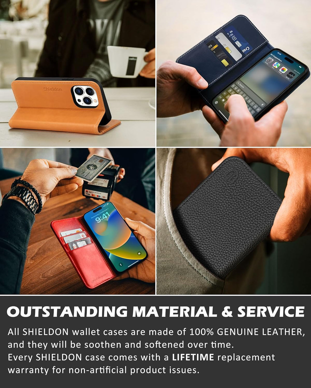 SHIELDON Hülle für iPhone 13 Pro Max Handyhülle TPU [Echtleder] [Kartenfach] [Magnet] [Standfunktion