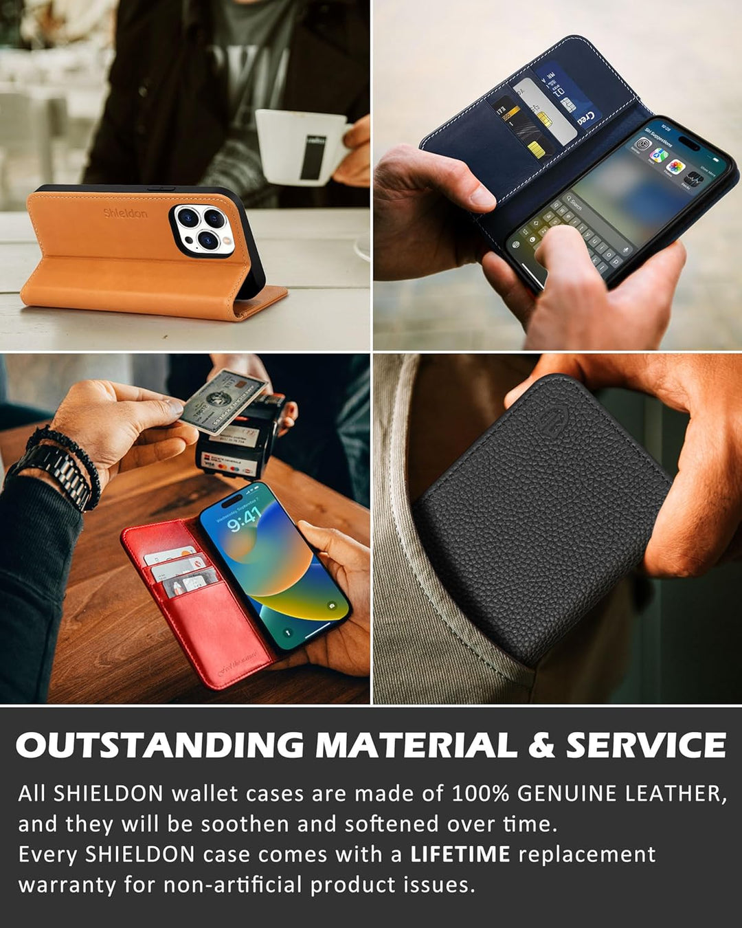 SHIELDON Hülle für iPhone 13 Pro 5G Handyhülle [Echtleder] [Kartenfach] [Magnet] [Standfunktion] [RF