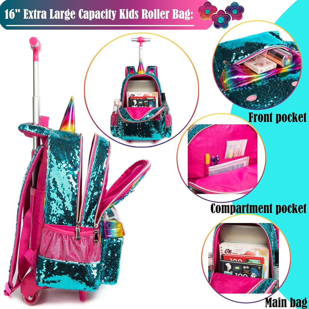 Rucksack Mädchen Schulranzen Trolley Schulrucksack Mädchen Teenager 3PCS Kinder Schultrolley Geeigne