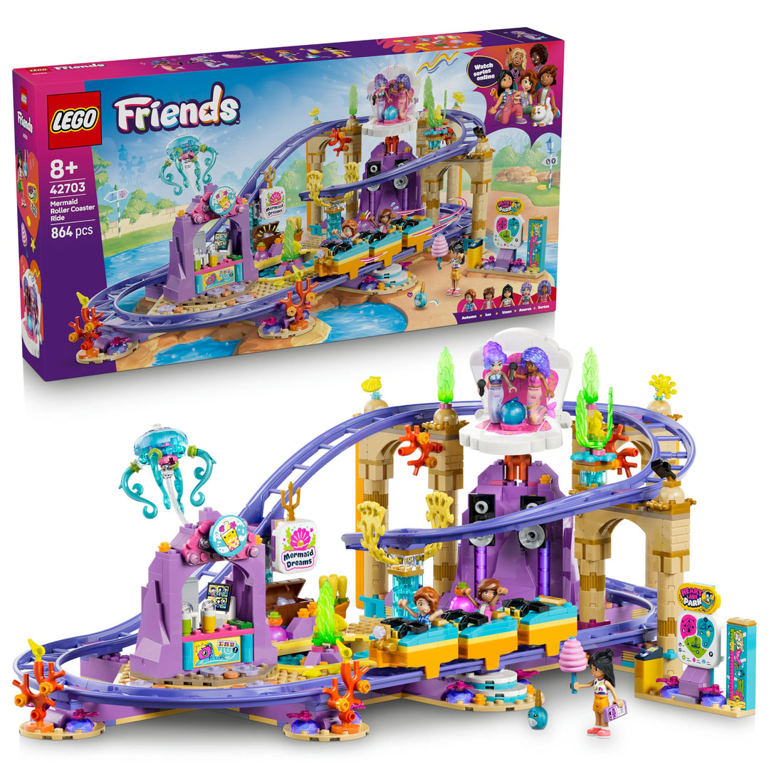 LEGO Friends Meerjungfrauen-Achterbahn - Interaktives Spielzeug mit 3 Wagen, Shop, 5 Minifiguren und