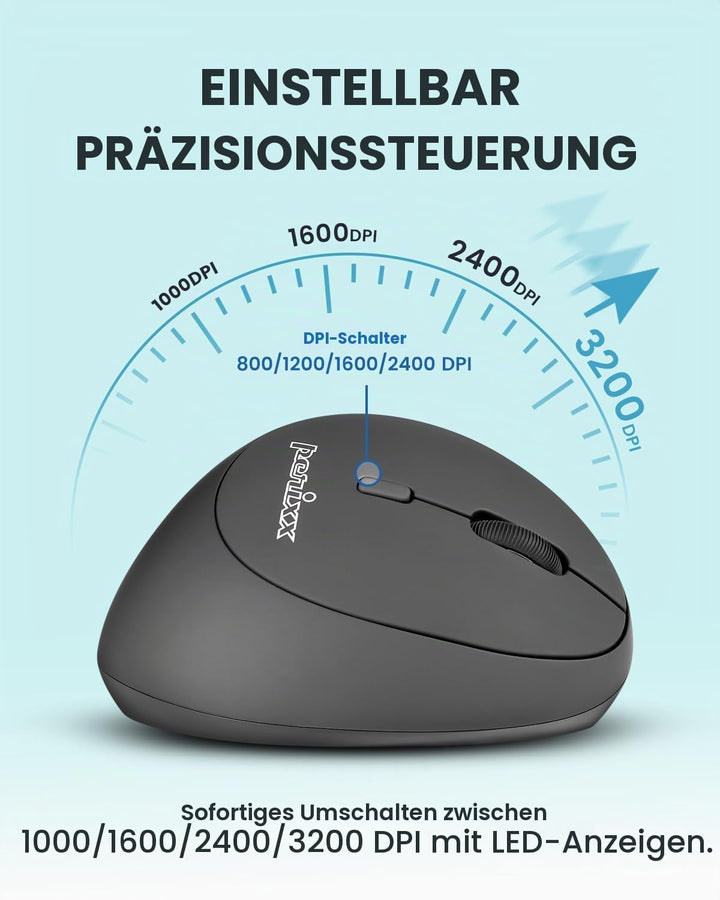 Perixx PERIMICE-719RX Kabellose Duo-Akku Ergonomische Vertikale Maus, 2.4GHz, 6 Tasten, Einstellbare