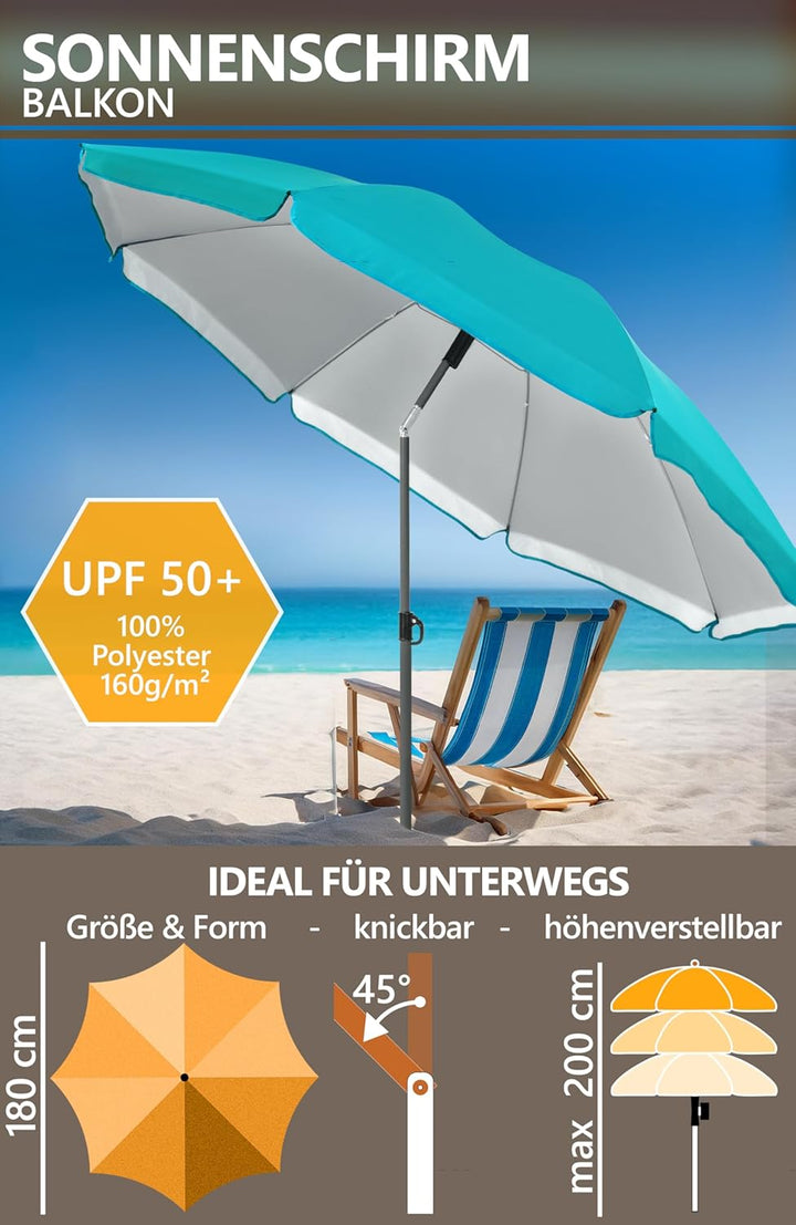 4smile Sonnenschirm Strand SunnyJoy in Türkis - Strandschirm Ø 180 cm, UPF 50+ Sonnenschutz Strand m