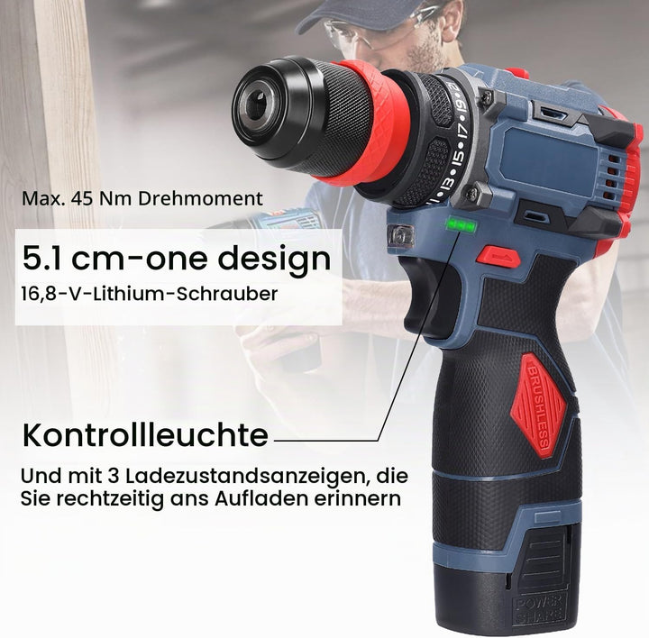 Akkuschrauber Klein 16,8V Mini Akku Bohrschrauber mit 2x 1300 mAh Akkus, max. 45 Nm, 21+1 Drehmoment