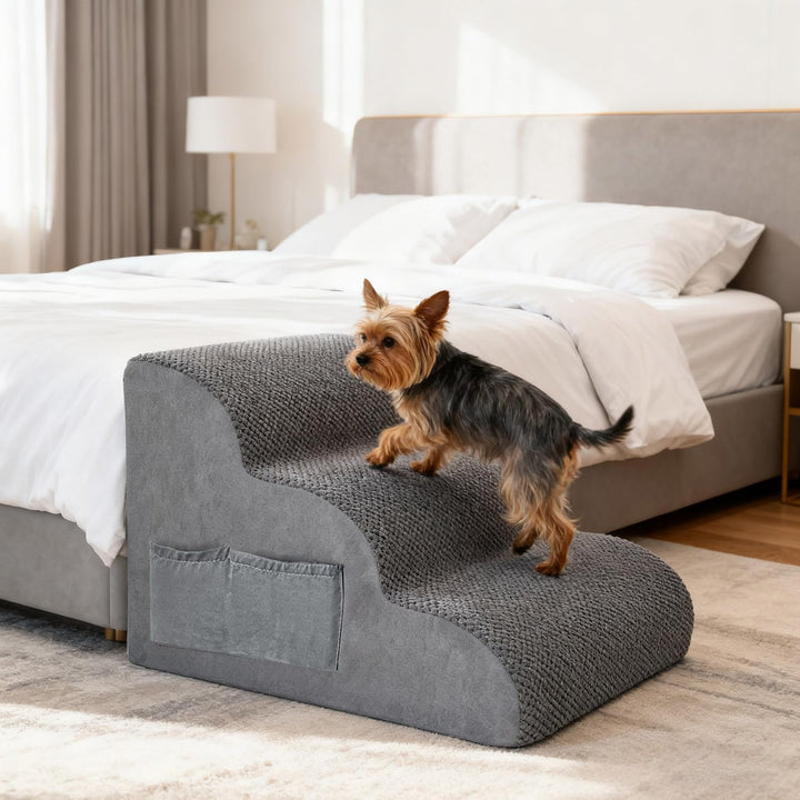 3-stufige Hundetreppe für Kleine Hunde mit Waschbarer Hülle, 2 Aufbewahrungstaschen & Tragegriff - H