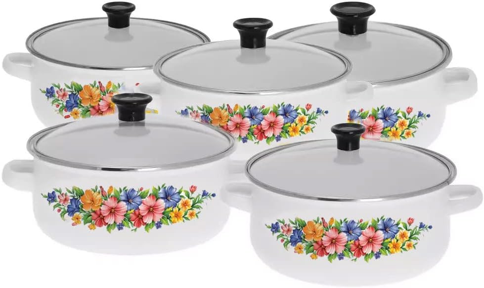 10-Tlg Emaille Kochtopfset Emailetöpfe Emaillierte Töpfset (Weiss), Weiss
