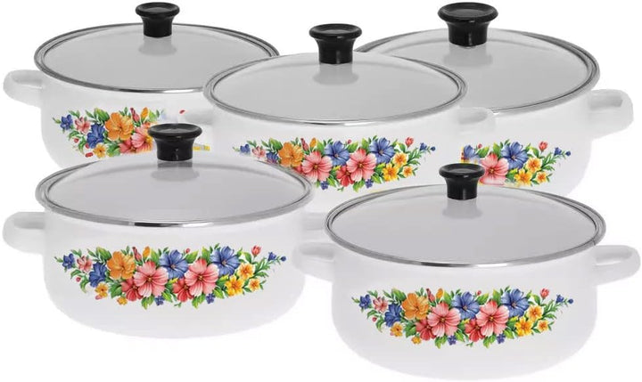 10-Tlg Emaille Kochtopfset Emailetöpfe Emaillierte Töpfset (Weiss), Weiss