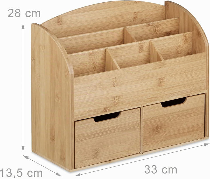 Relaxdays Schreibtisch-Organizer Bambus, Briefablage, 6 Fächer, 2 Schubladen, natürliche Maserung, H