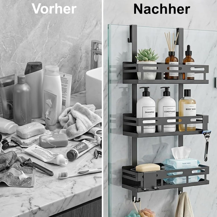Vorlestour Duschablage 0hne Bohren Schwarz, Duschablage zum Hängen für Duschkabinentür, Duschregal z