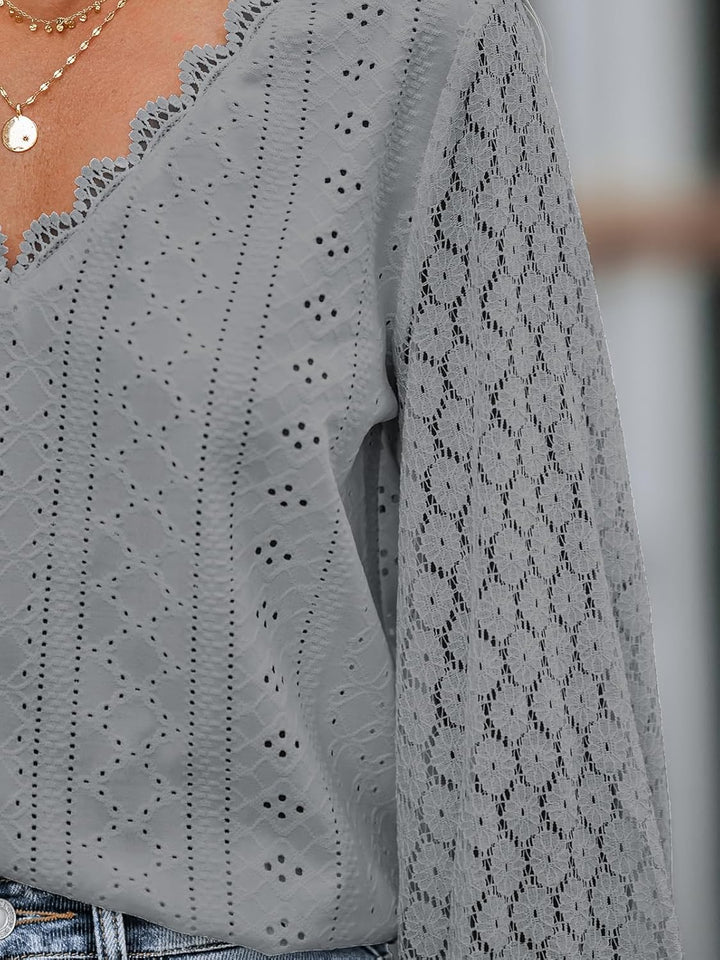 CUPSHE Damen Blusen V-Ausschnitt Spitzen Wellenkante Puffärmel Langarmshirt Lässige Lace Oberteile T