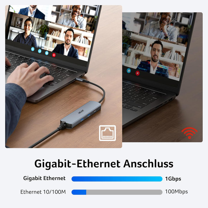 acer USB C HUB Ethernet, mit 4K@60Hz HDMI, 1000Mbps Lan, 1*USB-C + 2*USB-A 5Gbps, Typ-C 100W PD, Mul