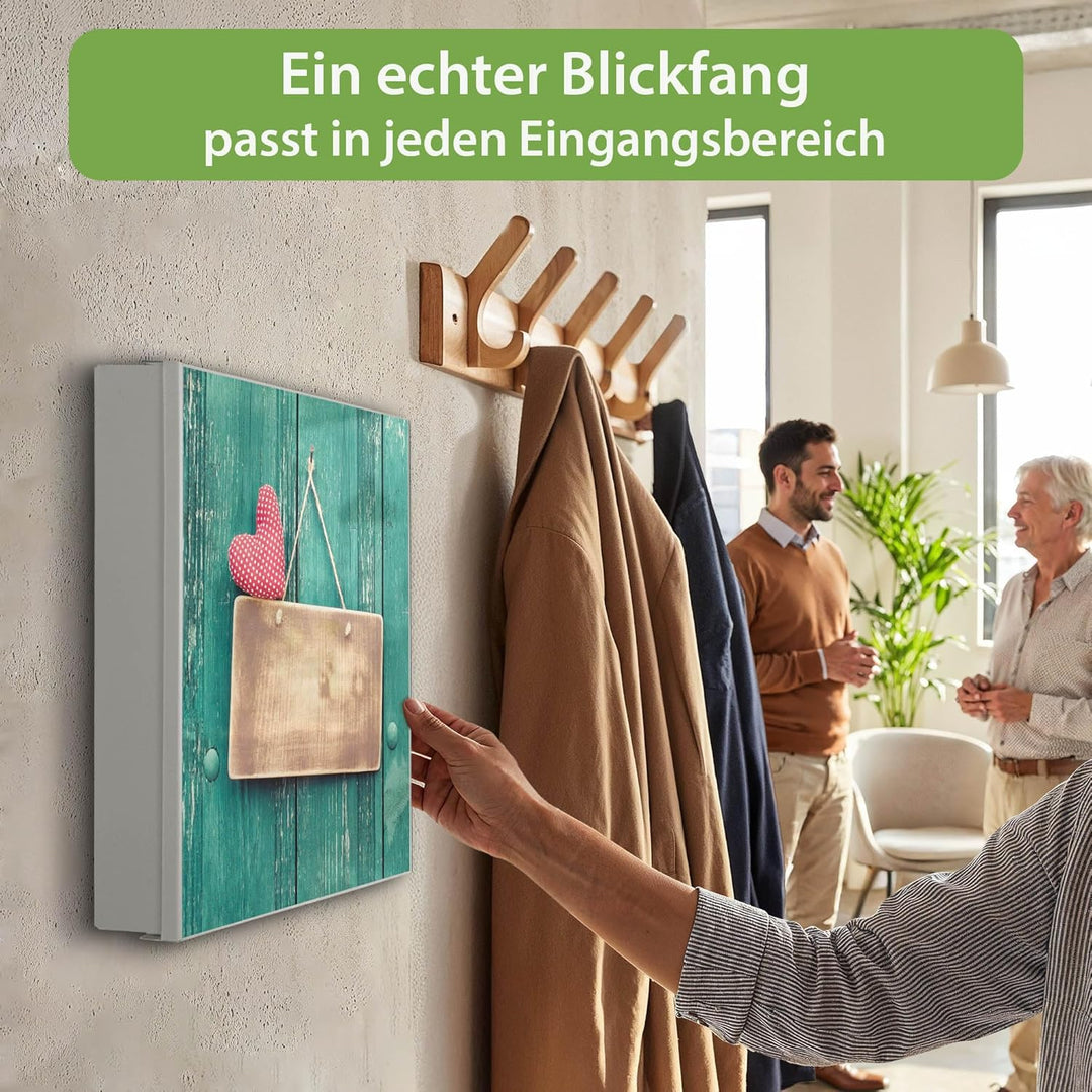 banjado® Grosser Schlüsselkasten Glas/Schlüsselbox 30cm x 30cm mit 50 Haken - Motiv Tür mit Herz/Sch