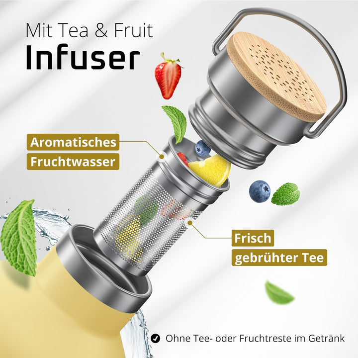Trinkflasche Edelstahl mit Strohhalm, Infuser + 3 Deckel: BPA-frei, Auslaufsicher, Kohlensäure geeig