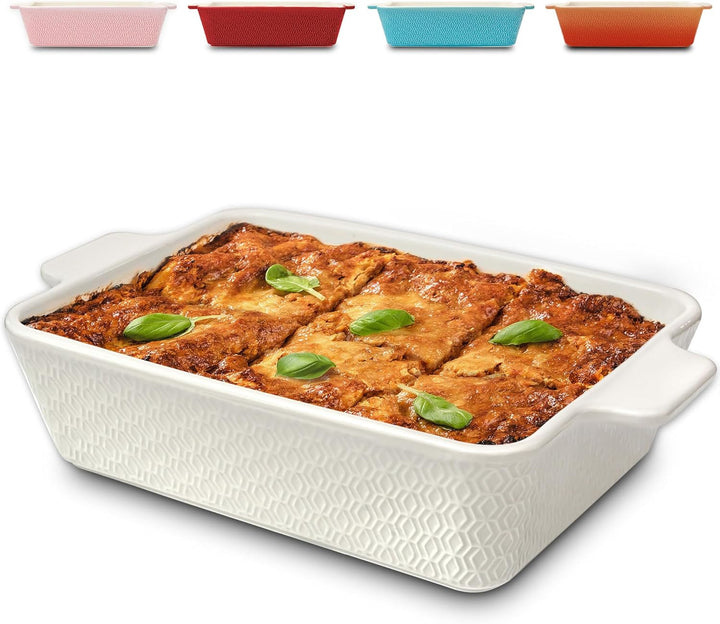 Auflaufform Gross aus Keramik - Für Lasagne, Tiramisu & Auflauf - Extra Hoher Rand - Eckig - Weiss,