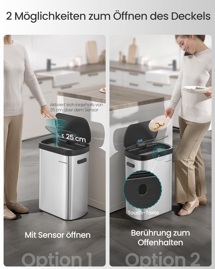 SONGMICS Mülleimer mit Sensor, automatischer Abfalleimer 50 L, Öffnen per Handbewegung oder Berühren
