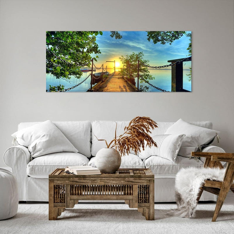 Wandbilder Dekoration Wohnzimmer See Sonnenuntergang Boot Landschaft Bilder auf Leinwand 120x50cm Le