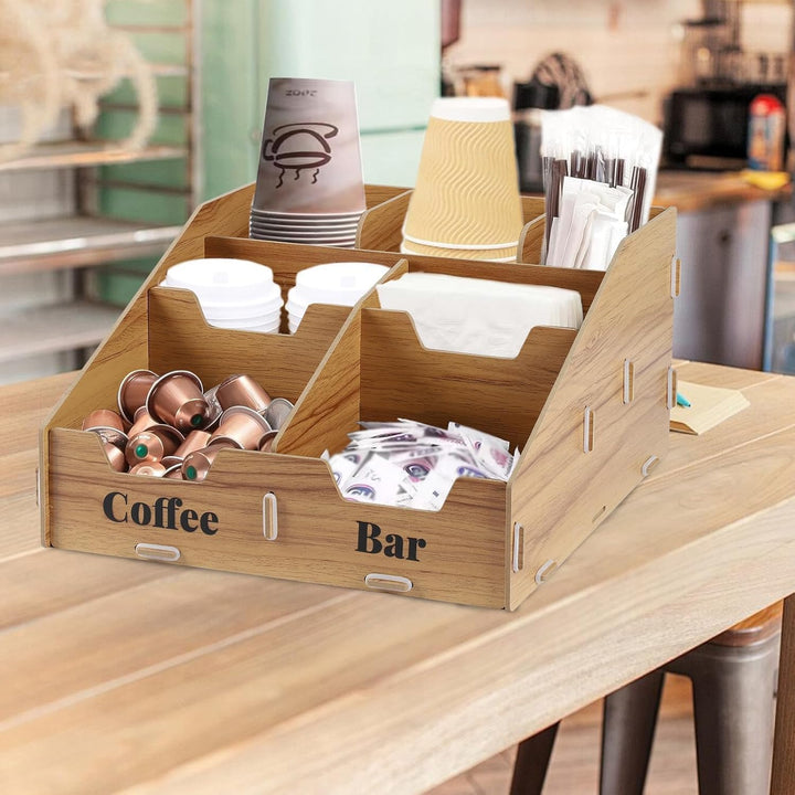 Kaffee Organizer Holz mit 7 Fächern & herausnehmbaren Trennwänden – Kaffeestation & Gewürz Organizer