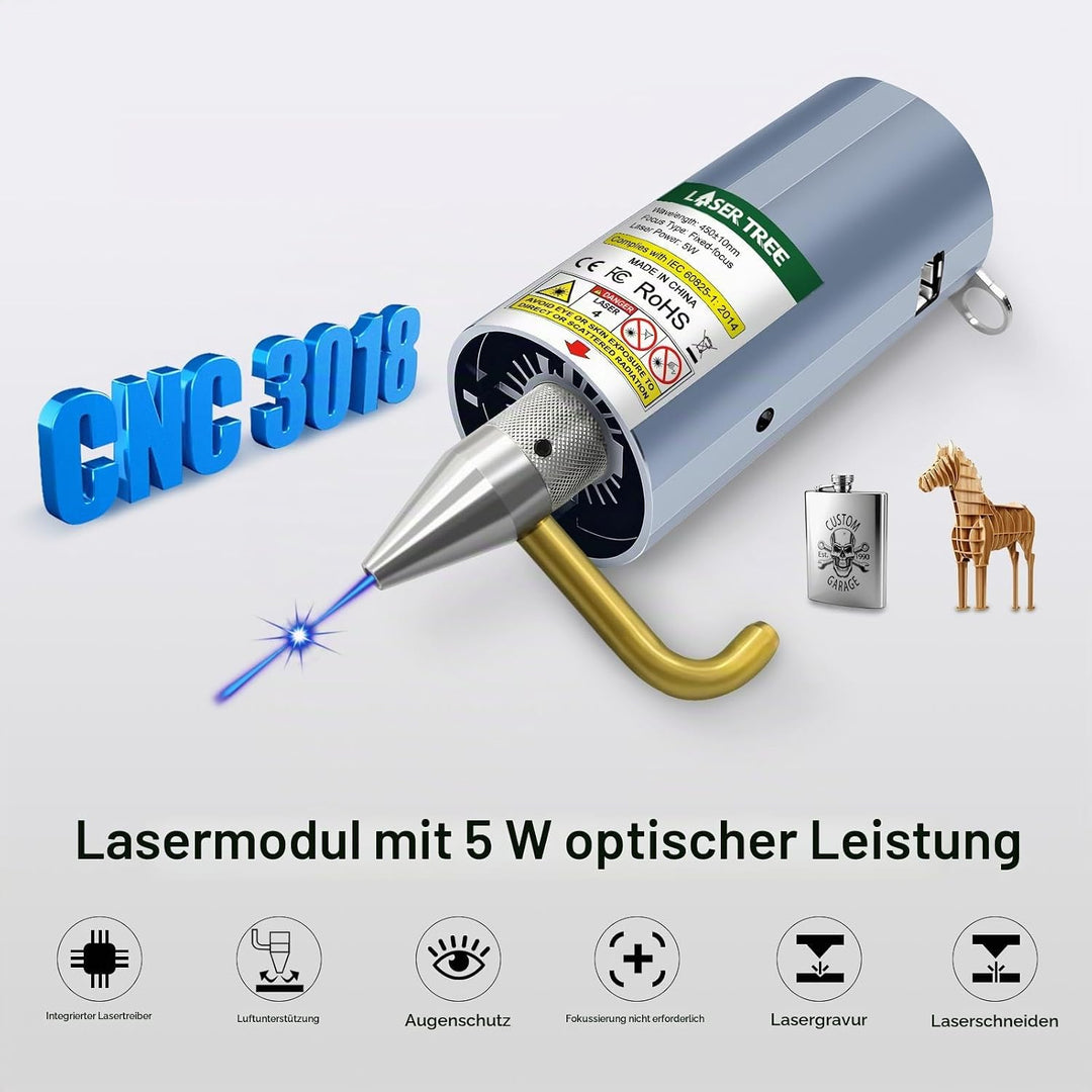 LASER TREE CNC 3018 Lasermodul kit, 5W optischer Leistungslaserkopf mit Luftunterstützung, feste Bre