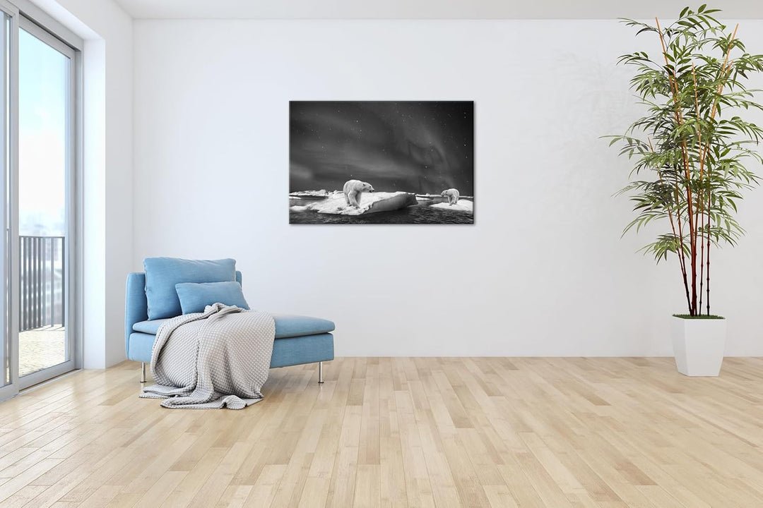 deyoli Eisbären im Polarlicht Format: 120x80 Effekt: Schwarz&Weiss als Leinwand, Motiv fertig gerahm
