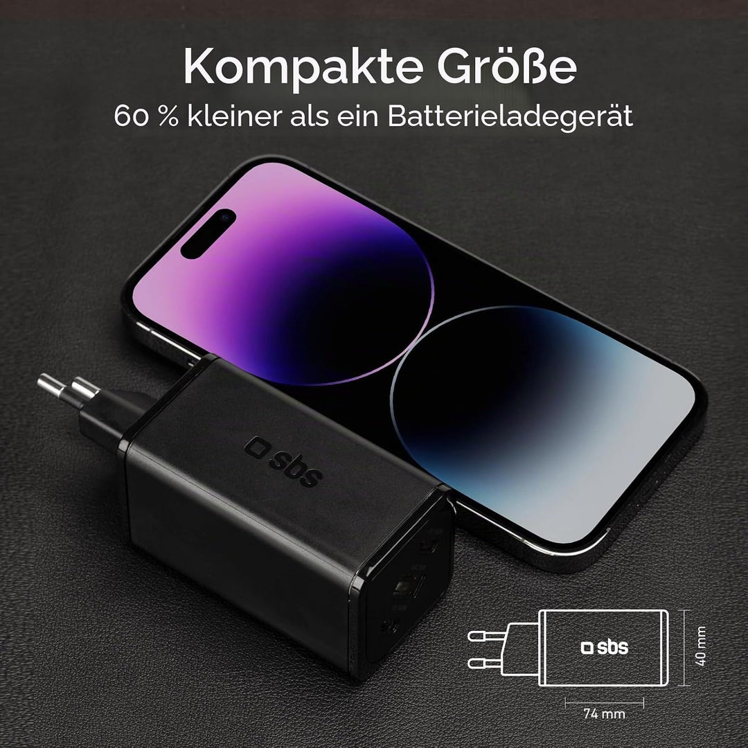 SBS Mehrport-Ladegerät 140W, 2 USB-C-Anschlüsse, 1 USB-A-Anschluss, GaN, Power Delivery, kompakt, id