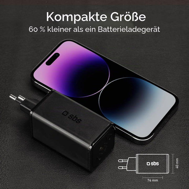 SBS Mehrport-Ladegerät 140W, 2 USB-C-Anschlüsse, 1 USB-A-Anschluss, GaN, Power Delivery, kompakt, id