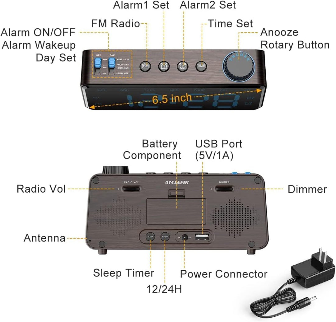 ANJANK Digitaler Radiowecker - 0-100% Dimmbares,Doppelwecker mit Wochentags/Wochenend, USB-Ladegerät
