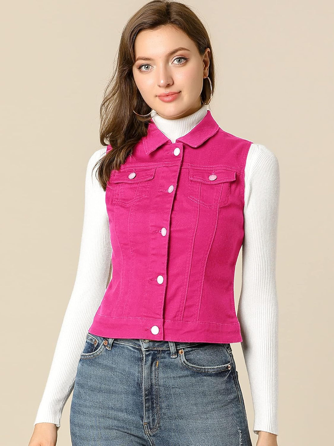 Allegra K Damen Jeansweste Ärmellos Knopfleiste Denim Rever Jacke Westen mit Taschen S Fuchsie, S Fu