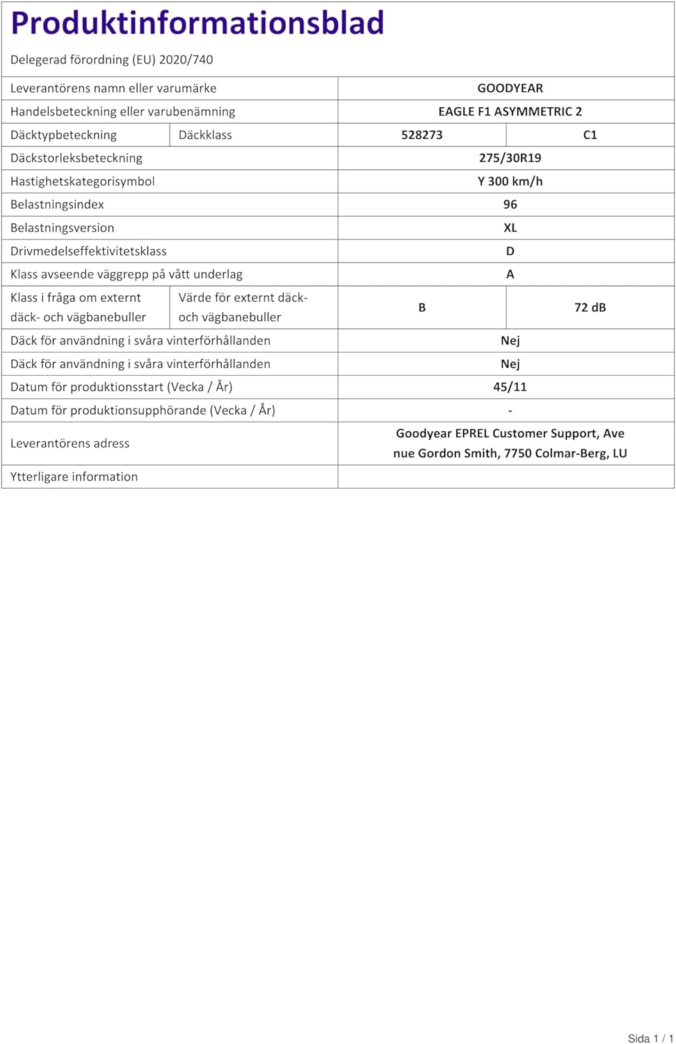 Goodyear Eagle F1 Asymmetric 2 XL FP - 275/30R19 96Y - Sommerreifen
