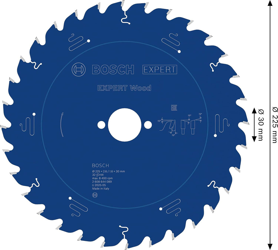Bosch Professional 1x Kreissägeblatt Expert for Wood (Holz, Sägeblatt Ø 225 x 30 x 2,6 mm, 32 Zähne,