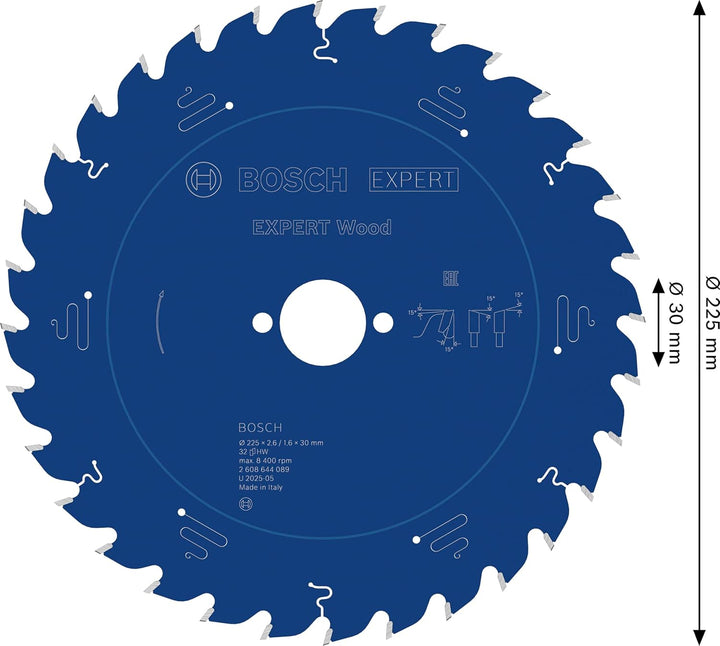 Bosch Professional 1x Kreissägeblatt Expert for Wood (Holz, Sägeblatt Ø 225 x 30 x 2,6 mm, 32 Zähne,