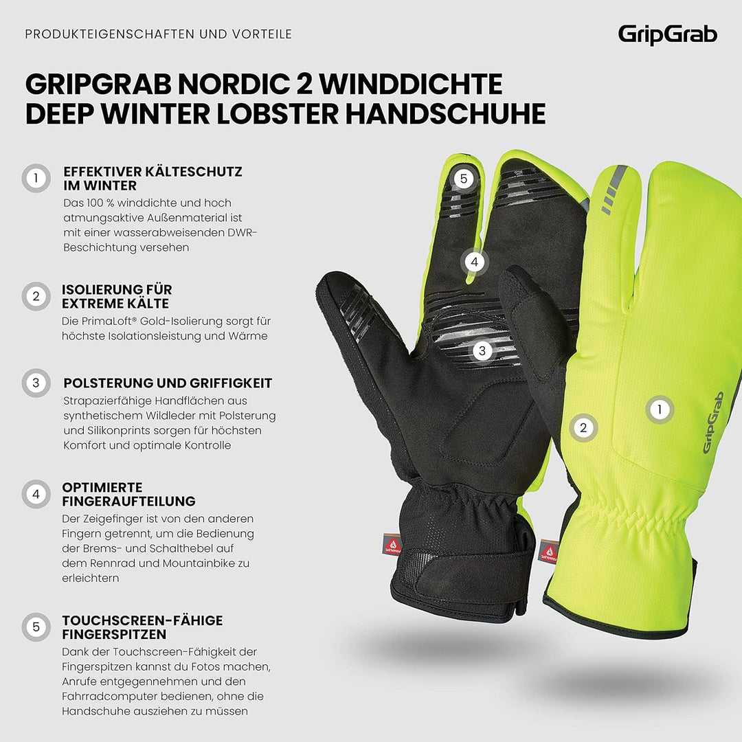 GripGrab Nordic 2 Winddichte Deep Winter 3-Finger Lobster Fahrradhandschuhe Gepolsterte Primaloft Ra