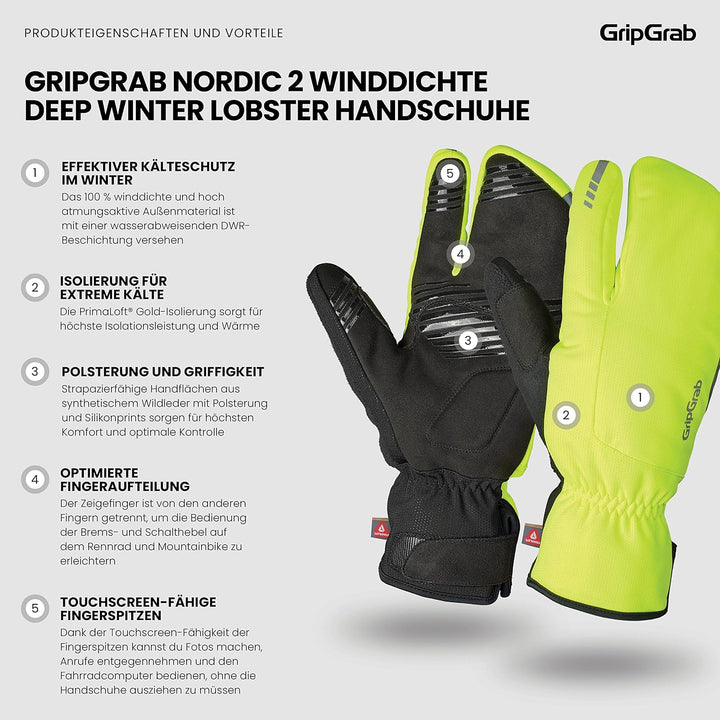GripGrab Nordic 2 Winddichte Deep Winter 3-Finger Lobster Fahrradhandschuhe Gepolsterte Primaloft Ra