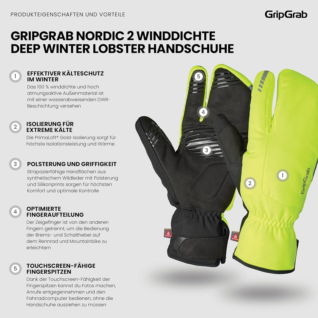 GripGrab Nordic 2 Winddichte Deep Winter 3-Finger Lobster Fahrradhandschuhe Gepolsterte Primaloft Ra